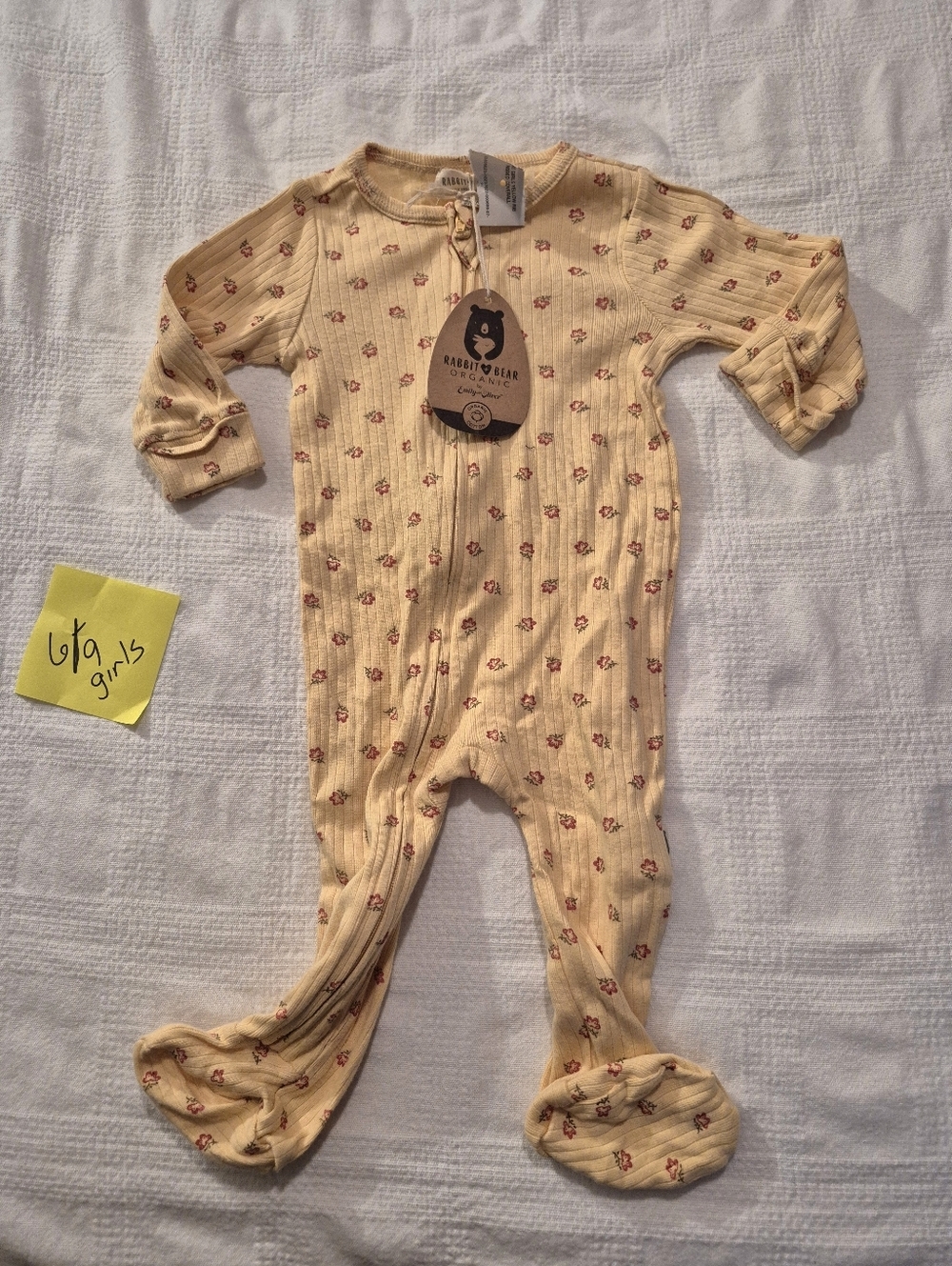 Rabbit & Bear girls 6-9 months footie, yellow with floral print, zip closed NWT